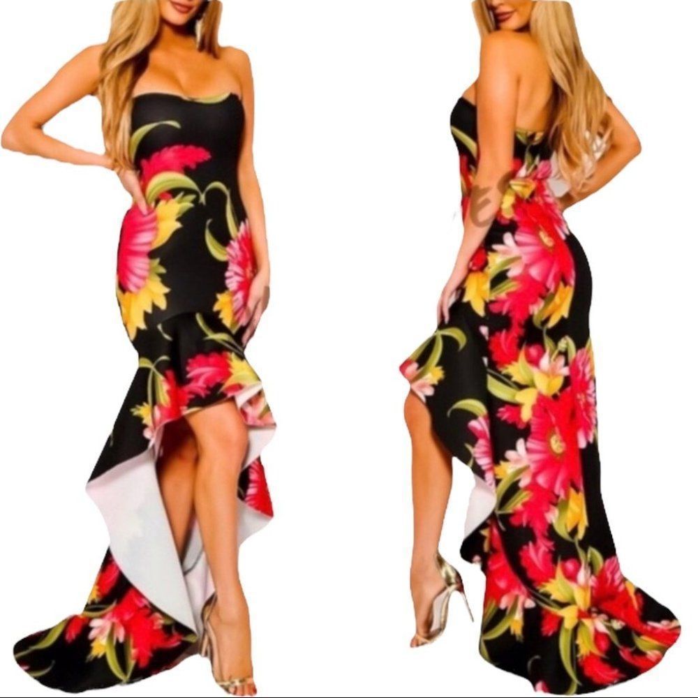 Tropical Floral Strapless Neoprene High Low Dress with Train size Small